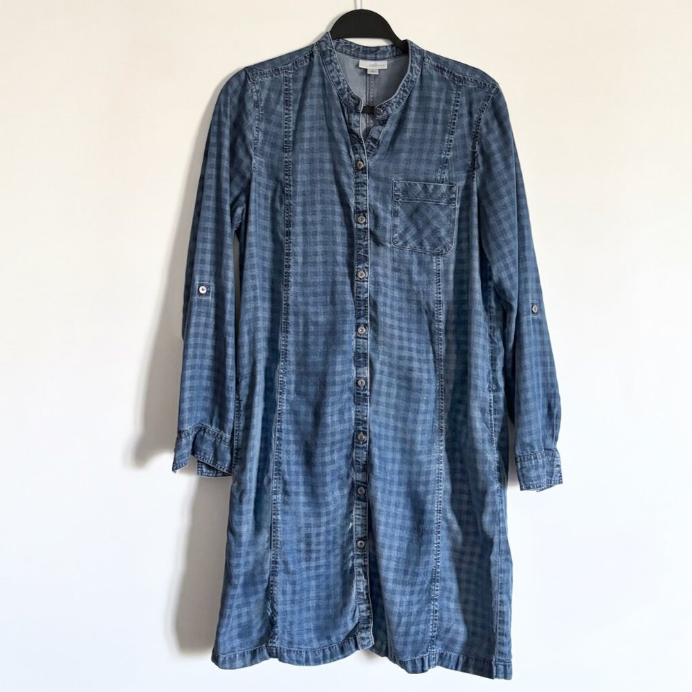 J. Jill Chambray Denim Checkered Shift Shirt Dress Size Medium - Picture 2 of 10